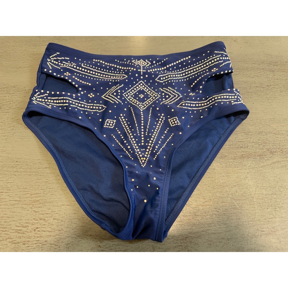 Time and Tru Blue High Waisted Rhinestone Cut Out Bikini Bottoms Small 4-6